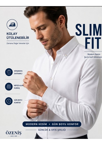 Özeniş Erkek Cepsiz Pamuklu Uzun Kollu Oxford Slim Fit Gömlek Beyaz