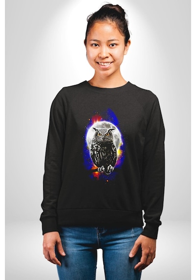 Baykuş Ay Gece Uğur Unisex Siyah Sweatshirt Siyah