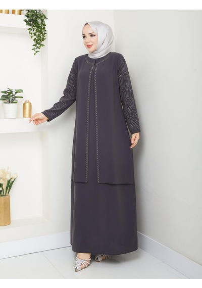 Eslemnur Kolları Taşlı Büyük Beden Anne Elbisesi Füme