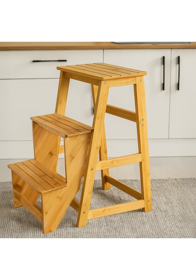Porsima Pbt-379 Ahşap Bambu 3 Basamak Merdiven - Portatif Demonte Ve Ergonomik Ev Tipi Dekoratif Tabure Merdiven 1 Adet