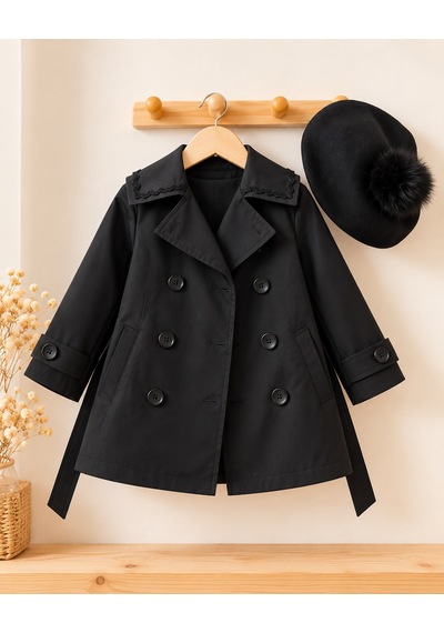 Kokoş Bebe Kız Çocuk Trençkot Kaşe Bere 2 Li Takım - 3/12 Yaş - 31944 Siyah