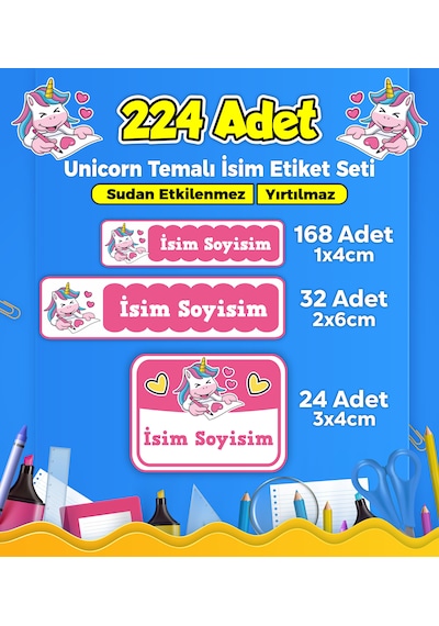 Unicorn Temalı Okul Kreş Kişiye Özel İsim Etiket Seti - Model 46 Çok Renkli