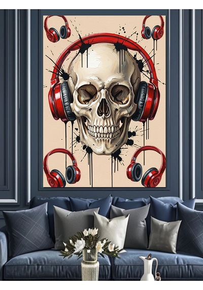 Ahşap Tablo Kulaklıklı Kafatası Müzik Aşkı