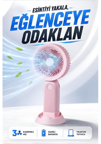 Şarjlı Taşınabilir Mini El Fanı 3 Kademeli Hız Ayarlı Telefon Standlı Vantilatör Pembe