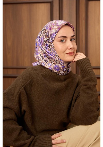 Silk Home Twill İpek Eşarp Vizon Mor Desenli Tok Duruşlu Kaymaz 90x90 Çok Renkli