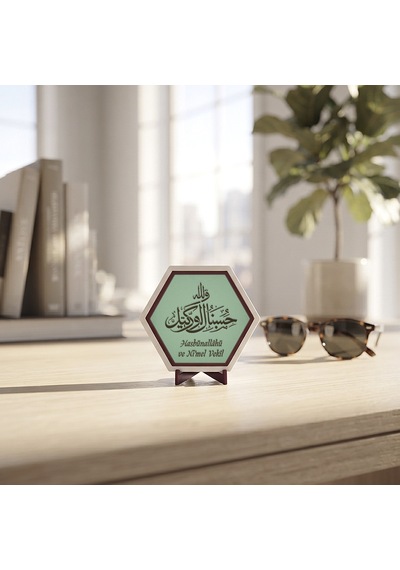 Hat Sanatlı Hasbünallâhü Ve Ni'mel Vekîl Yazılı Masaüstü Aksesuarı Ev Ve Ofisiniz İçin Şık Dekoratif Obje 10x10 Cm, Açık Yeşil