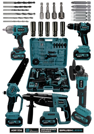 Assur ASR1226 21V 5'li Set Kırıcı Delici Hilti + Taşlama + Somun Sıkma Sökme + Testere + Akülü Vidalama Mavi