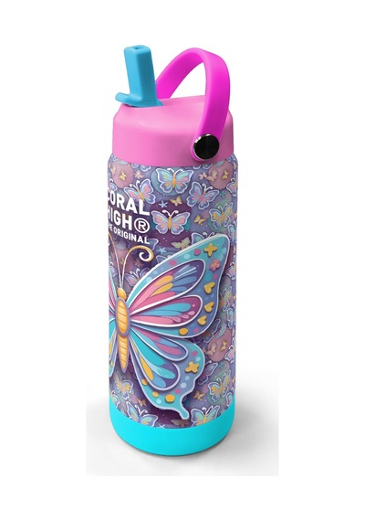 Coral High Pastel Renkli Kelebek Desenli Katlanır Ağızlıklı Çelik Termos 650 Ml 38306 Pastel