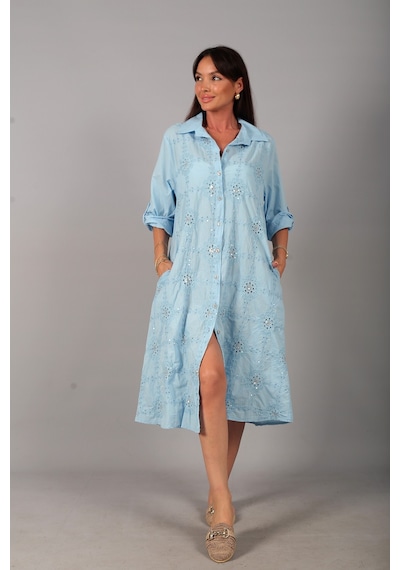 By Saygı Kadın İtalyan Cotton Cepli Kabartma Nakışlı Pullu Oversize Uzun Elbise Bebe Mavi
