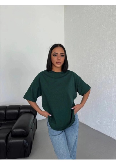 Freedom Storee Kadın Düz T-shirt Kısa Kol Bisiklet Yaka Oversize Rahat Kalıp Günlük Tişört - Haki Çok Renkli