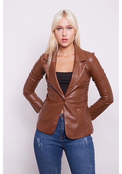 Ekolojik Suni Deri Yakalı Uzun Kol Cepli Blazer Ceket-taba Taba