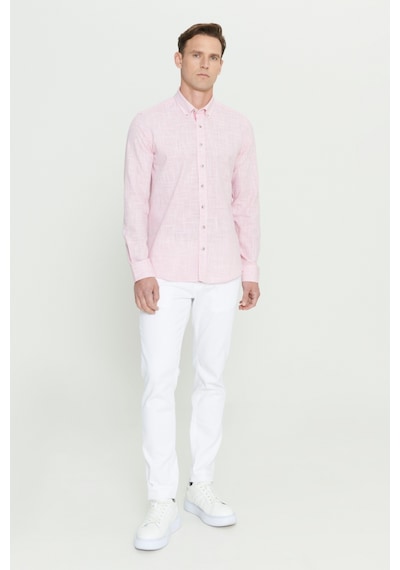 AC&Co / Altınyıldız Classics Erkek Bordo Slim Fit Dar Kesim Düğmeli Yaka Keten Görünümlü %100 Pamuk Flamlı Gömlek - Bordo