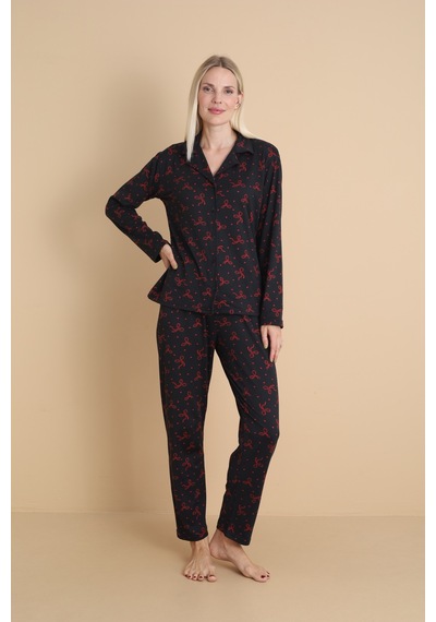 Wordex Mirano 9807 Şardonlu Soft Kışlık Düğmeli Kadın Pijama Takımı Siyah