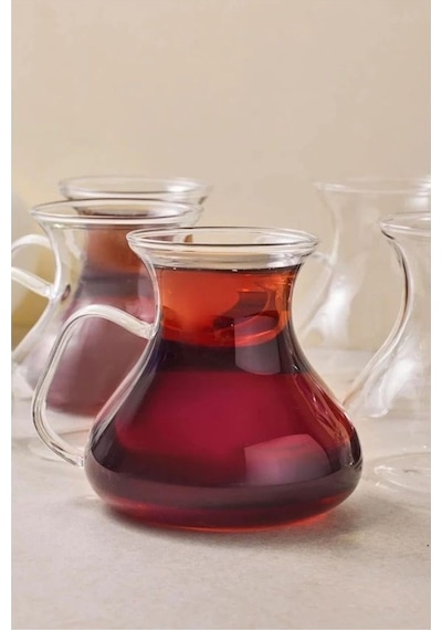 Ehl-i Keyf 6 Lı Borosilikat Cam Çay Bardağı Seti Kulplu Çay Takımı 200 Ml Şeffaf