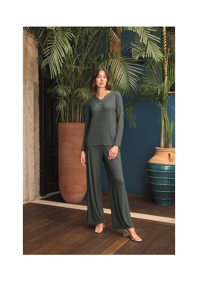 Shafag Home Herşeytrend Uzun Kollu Önü Düğmeli V Yaka Pijama Takımı Yeşil