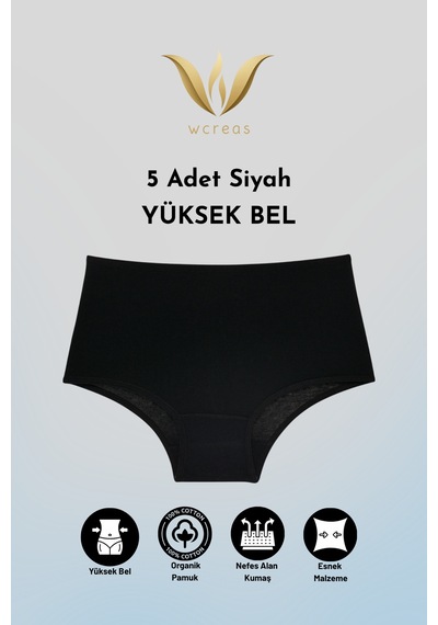 Wcreas Yüksek Bel Pamuklu Kadın Külot, 5'li Paket Pamuklu Yumuşak Kumaş Kadın Külot Siyah