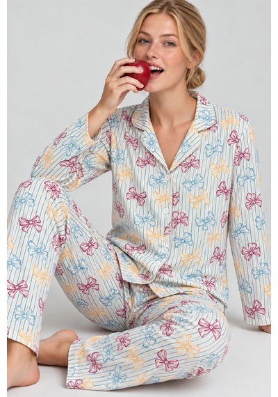 Fit Women Kadın Kurdela Desenli Bol Renkli Pijama Takımı 4798 Çok Renkli