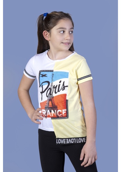 Toontoy Kids Toontoy Kız Çocuk Paris Baskılı Şeritli Tişört Sarı