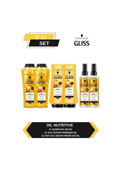 Gliss Oil Nutritive Şampuan 2 x 400 ML + Saç Kremi 2 x 360 ML + Sıvı Saç Kremi 2 x 200 ML