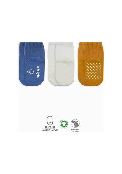 Basic Kaymaz Penye Soket Çorap 3'lü Bs10106 İndigo Ekru Hardal