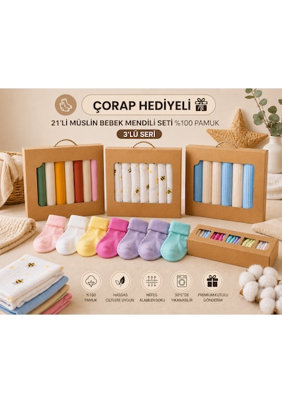 7 Li Müslin Bebek Mendili Seti + Çorap Hediyeli Pamuk Premium Kutulu Seri Açık Pembe