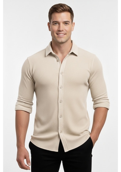 Rizzup Bej Slim Fit Örme Kumaş Likralı Erkek Gömlek Nefes Alan Esnek Ve Modern Tasarım 2602604