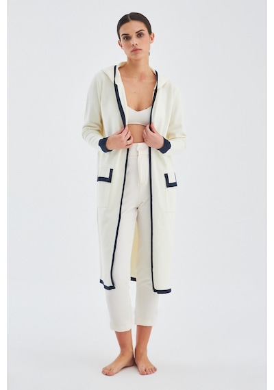 Peraluna Nara Long Cardigan %100 Pamuk Kapüşonlu Kadın Triko Hırka Ekru/lacivert-ekru/lacivert Ekru - Lacivert