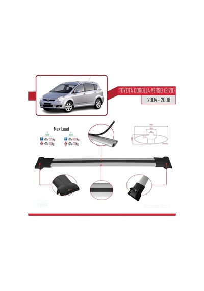 Toyota Corolla Verso E120 2004-2008 Arası İle Uyumlu Fly Model Ara Atkı Tavan Barı Gri 3 Adet Bar