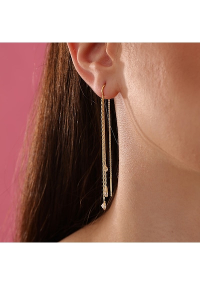 Queen Silver Jewelry 925 Ayar Gümüş 3 Boy Zirkon Taş Sallantılı Küpe Altın