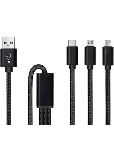 Şarj Data Kablosu 3In1 Lightning + Type-C + Micro Usb To Usb 2.0