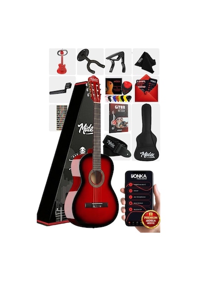 Midex Cg-36rd-pak Kaliteli 36 İnç 3/4 Juniur Çocuk Gitarı 8-12 Yaş Arası Tuner Çanta Capo Askı Nota Sticker Pena Metod
