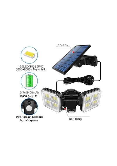 Tr Upway Güneş Enerjili 120 Led Şarjlı Hareket Sensörlü 500 Lümen Solar Aydınlatma Lamba