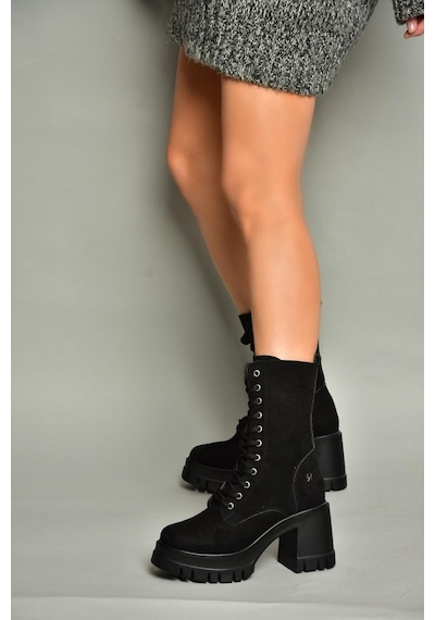 Fox Shoes T973559002 Siyah Süet Kalın Topuklu Kadın Postal Bot Siyah