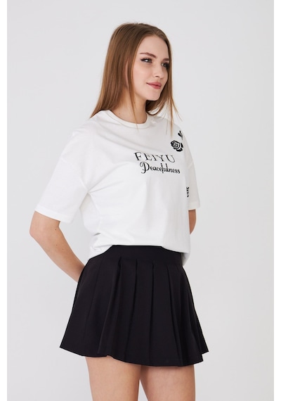 Sortie Collection Feıyu Peacefulness Gül Baskılı Rahat Kalıp Basic Tişört Ekru