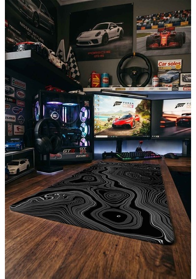 Siyah Beyaz Yoğun Topografik Harita 40x90 Cm Oyuncu Mousepad Kaymaz Taban Büyük Boy Mousepad