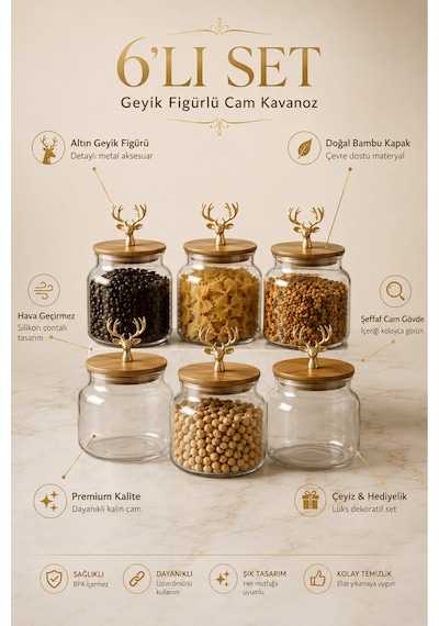 6'lı Bambu Kapaklı Geyik Figürlü Cam Kavanoz Seti Erzak Saklama Kabı Baharatlık 645ml Şeffaf - Altın