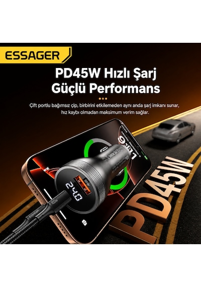 Essager 100w Çift Port Araç Şarj Cihazı Type-c Usb Hızlı Şarj Dijital Voltaj Göstergeli