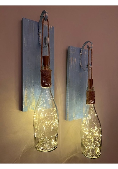 Tıpa Peri Led Işıklı Mavi Eskitme Ahşap Cam Şampanya Şişesi Duvar Çok Renkli