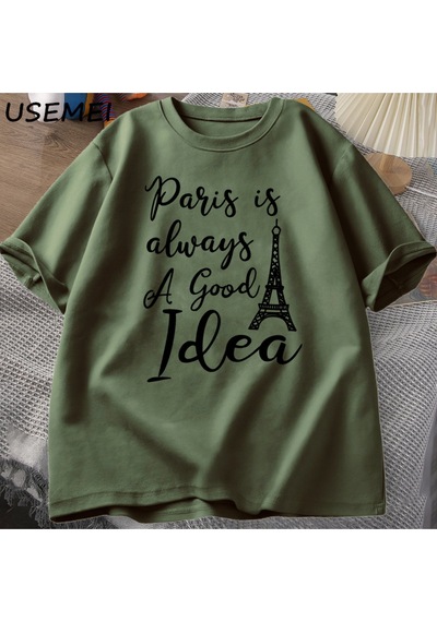 Flood Of Style Erkekler T En Kaliteli Baskı Paris T-shirt Rahat Tatil Moda O Boyun Kazak Pamuk Kısa K Yeşil