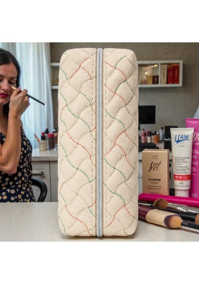 Makyaj Malzeme Çantası, Kapitone Mini Vanity Çanta Zarif Kompakt Form 20 8 8 Cm 1 Ad Bej - Şeffaf