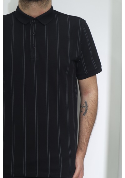Santa Dmctekstil Erkek İnce Çizgili Spor Kesim Rahat Kalıp Polo Yaka T-shirt Siyah