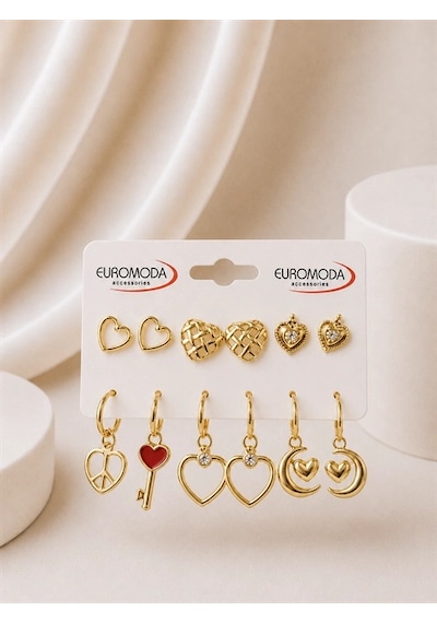 Barış Sembolü Kalp Figürlü Gold Renk 6'lı Küpe Seti Kadın - Kız