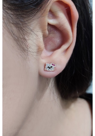Hello Kitty Kedi Rose Kaplama 925 Ayar Gümüş Çocuk Küpe