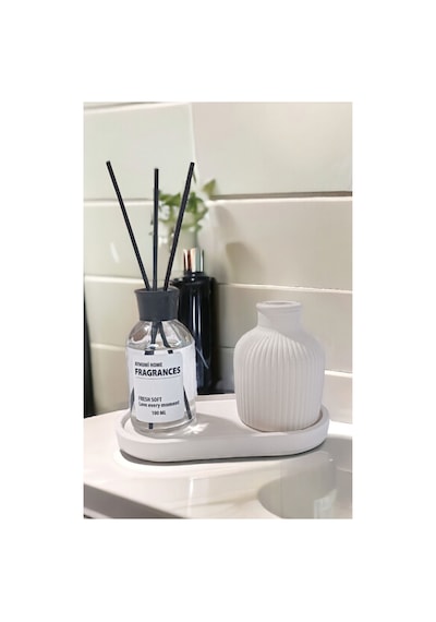 Buççin Online Mağaza Dekoratif Mini Pampas Kuru Çiçek Vazosu Fresh Soft Oda Kokusu Standlı Set Beton Beyaz
