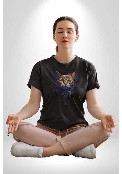 Şimşek Yağmur Kedi Unisex Unisex Siyah Organik Baskılı T-shirt Penye Yüksek Kalite Siyah