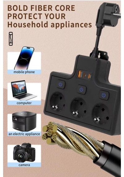Termal Akım Korumalı 3 Lü Duvar Tipi Priz 1x Usb 2x Type-c Çıkışlı Grup Priz Çoğaltıcı 3500w