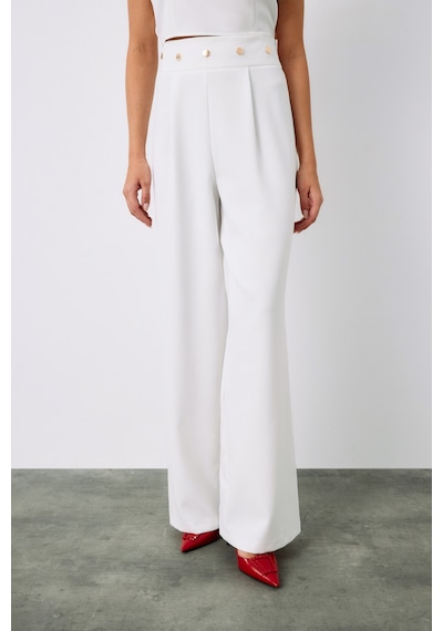 Sateen Bel Aksesuarlı Pantolon - Ekru-135212 Ekru