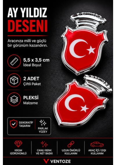 2 Adet Bayrak Krom Görünümlü Pleksi Arma Oto Dekoratif Etiket Çiftli Set 5,5x3,5 Cm