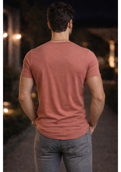 Bybülent Erkek Oval Yaka Tişört Açık Yaka Likralı Slim Fit T-shirt Pudra