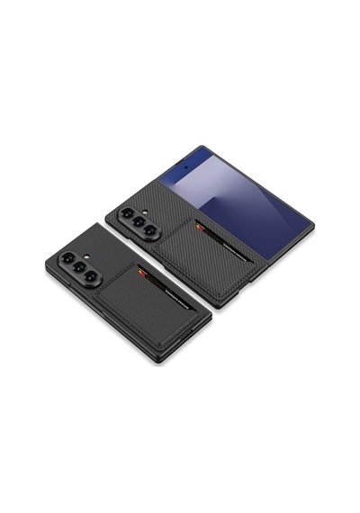 Galaxy Z Fold 7 Suni Deri Arka Yüzey Hesaplı Dünya Kartlıklı Kıpta Silikon Kılıf Siyah Karbon